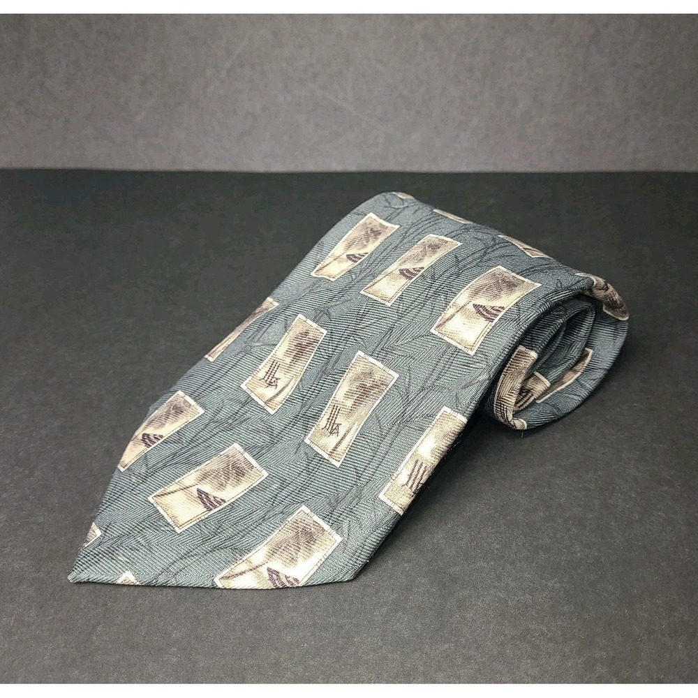 Tommy Bahama Silk Necktie Green W/ Rectangular Gray Prints Resort Style